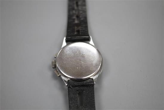 A gentlemans 1930s WWII German Military stainless steel Urania manual wind chronograph black dial wrist watch